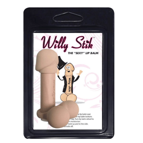 Neutral tone penis shaped lip balm. Single Willy Stik in packaging.